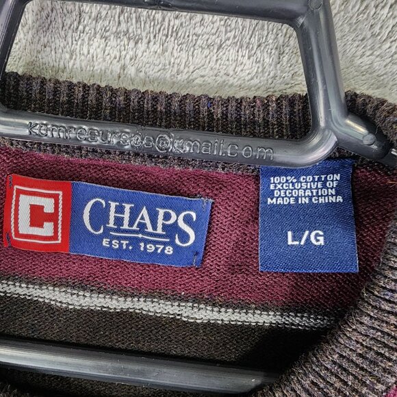 Mens Chaps Burgundy & Gray Striped Sweater 100% Cotton Crewneck Long Sleeve L - Picture 7 of 12